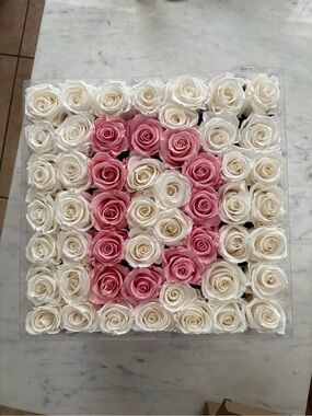 White Pink Preserved Roses Letter D 
 Venus Fleurs Wedding Box Arrangement
